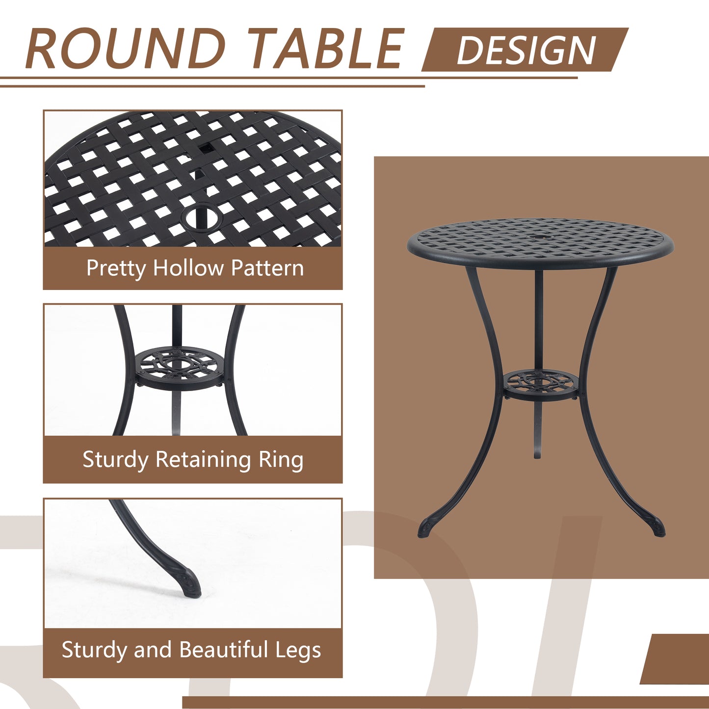 3 Piece Bistro Table Set Cast Aluminum Outdoor Patio Furniture with Umbrella Hole  Patio Balcony, Black