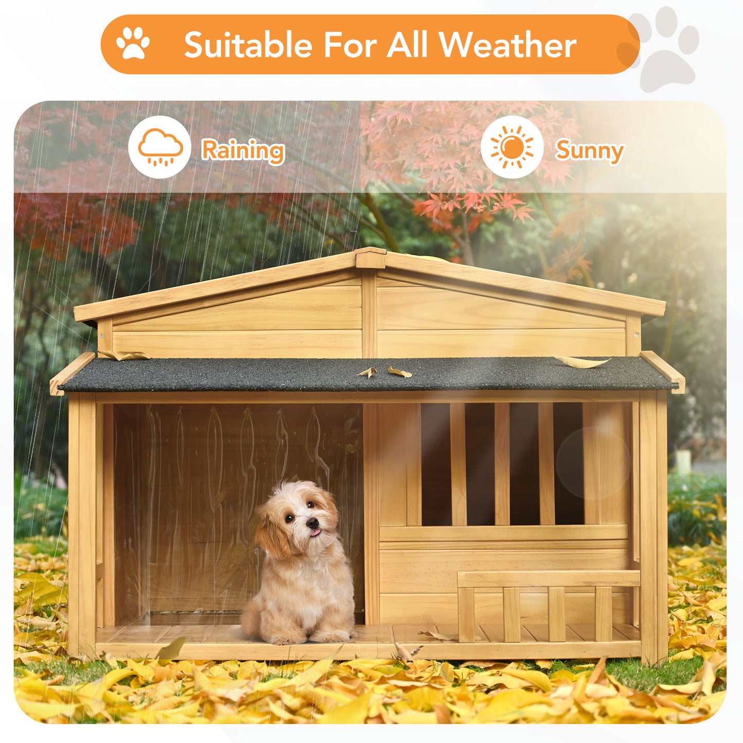 GO 47.2" Wooden Dog House, Outdoor & Indoor Dog Crate, Pet Kennel With Porch, Solid Wood, Weatherproof,  Medium, Nature