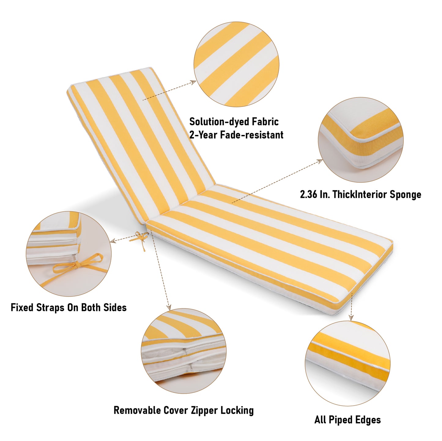 2PCS Set Outdoor Lounge Chair Cushion Replacement Patio Funiture Seat Cushion Chaise Lounge Cushion-yellow/white