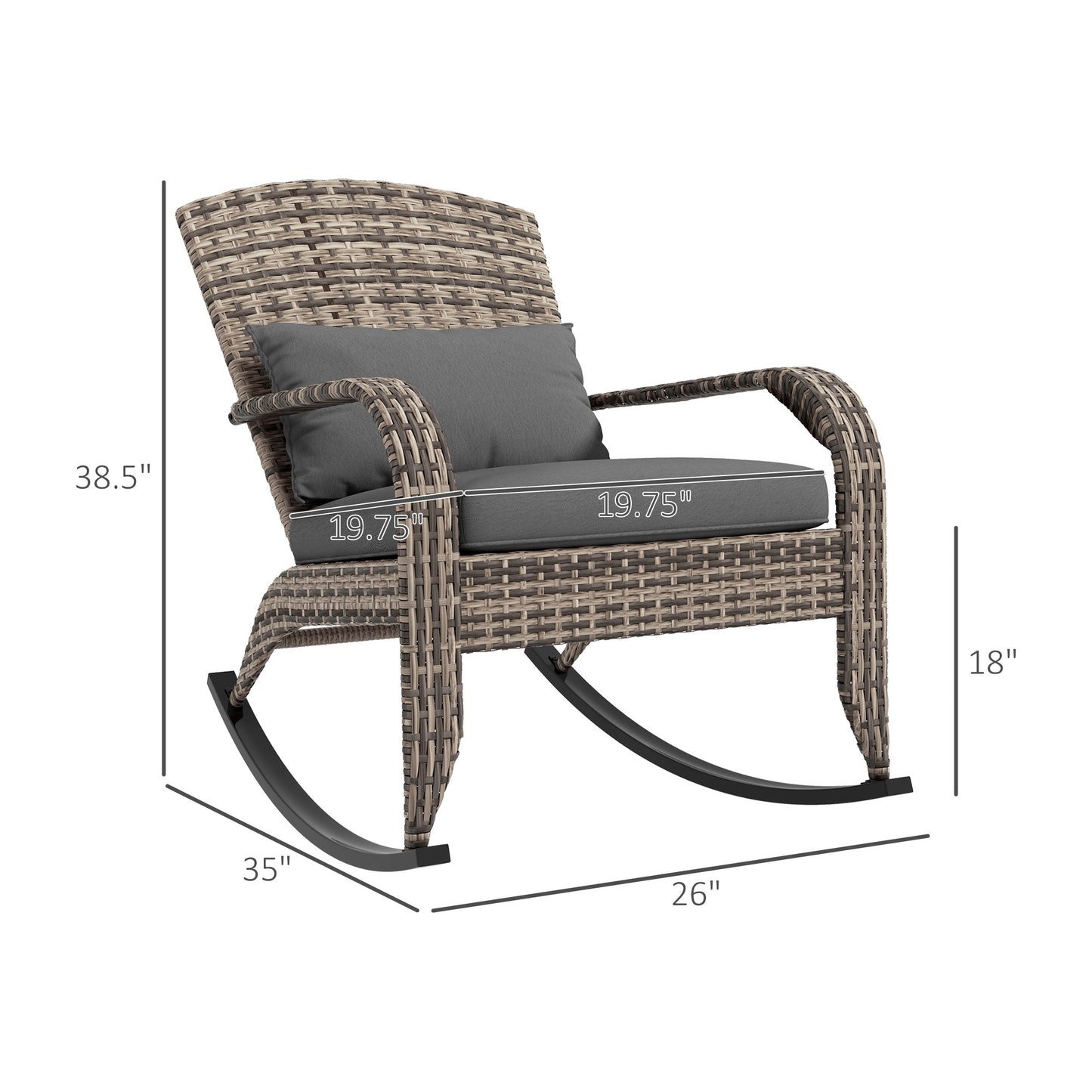 Outsunny Outdoor Wicker Adirondack Rocking Chair, Patio Rattan Rocker Chair with High Back, Seat Cushion, and Pillow for Garden, Porch, Balcony, Gray