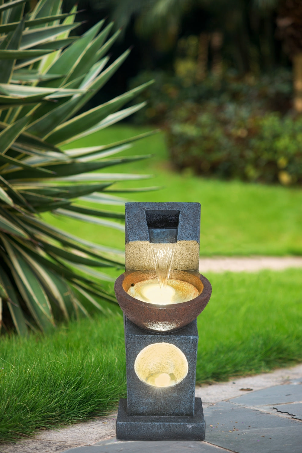 9.4x9.1x23.8" Black and Brown Sculptural Water Fountain with Bowl Basin, with Light and Pump, for Indoor and Outdoor