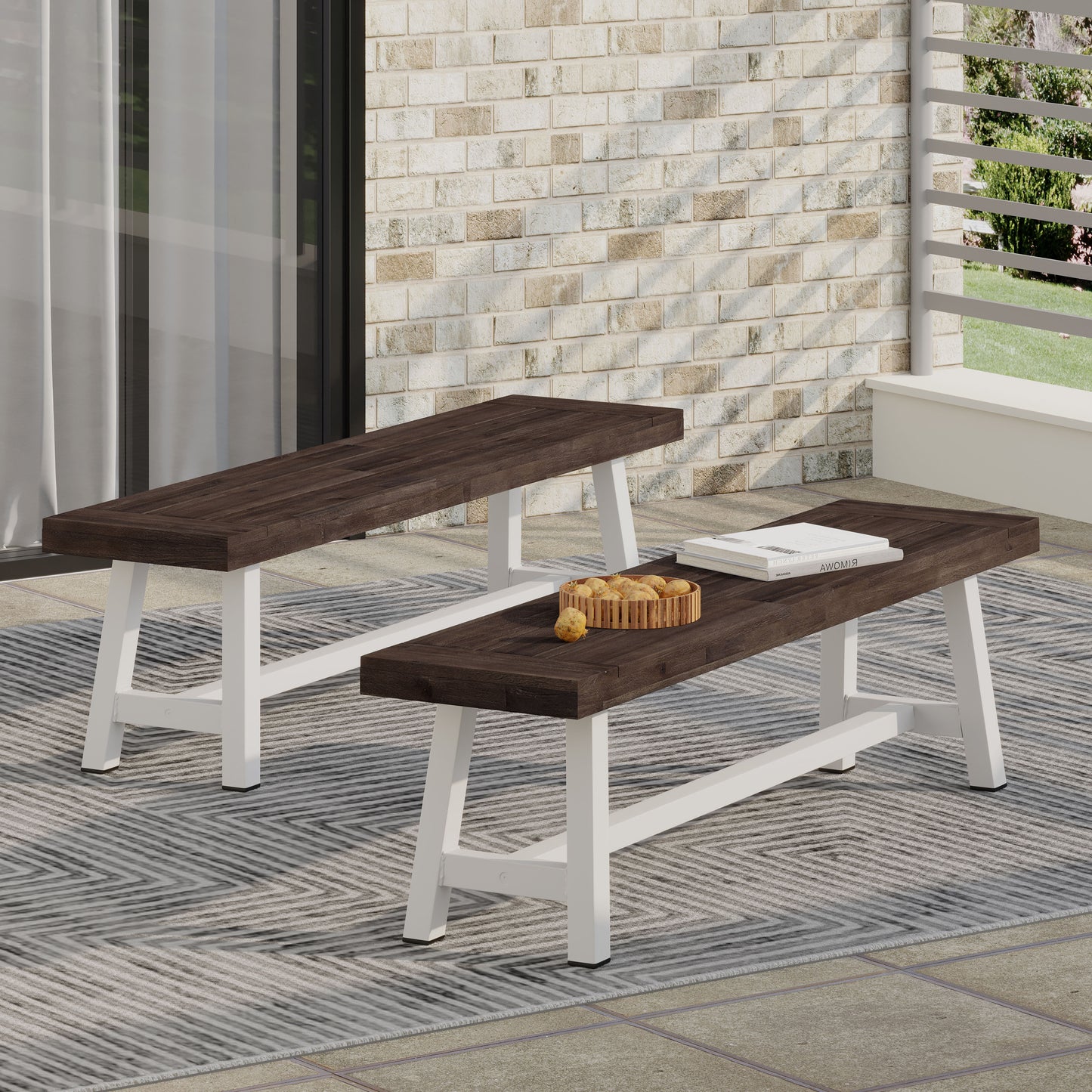 Outdoor Carlisle Benches, Sandblasted Dark Brown + White(Set of 2)