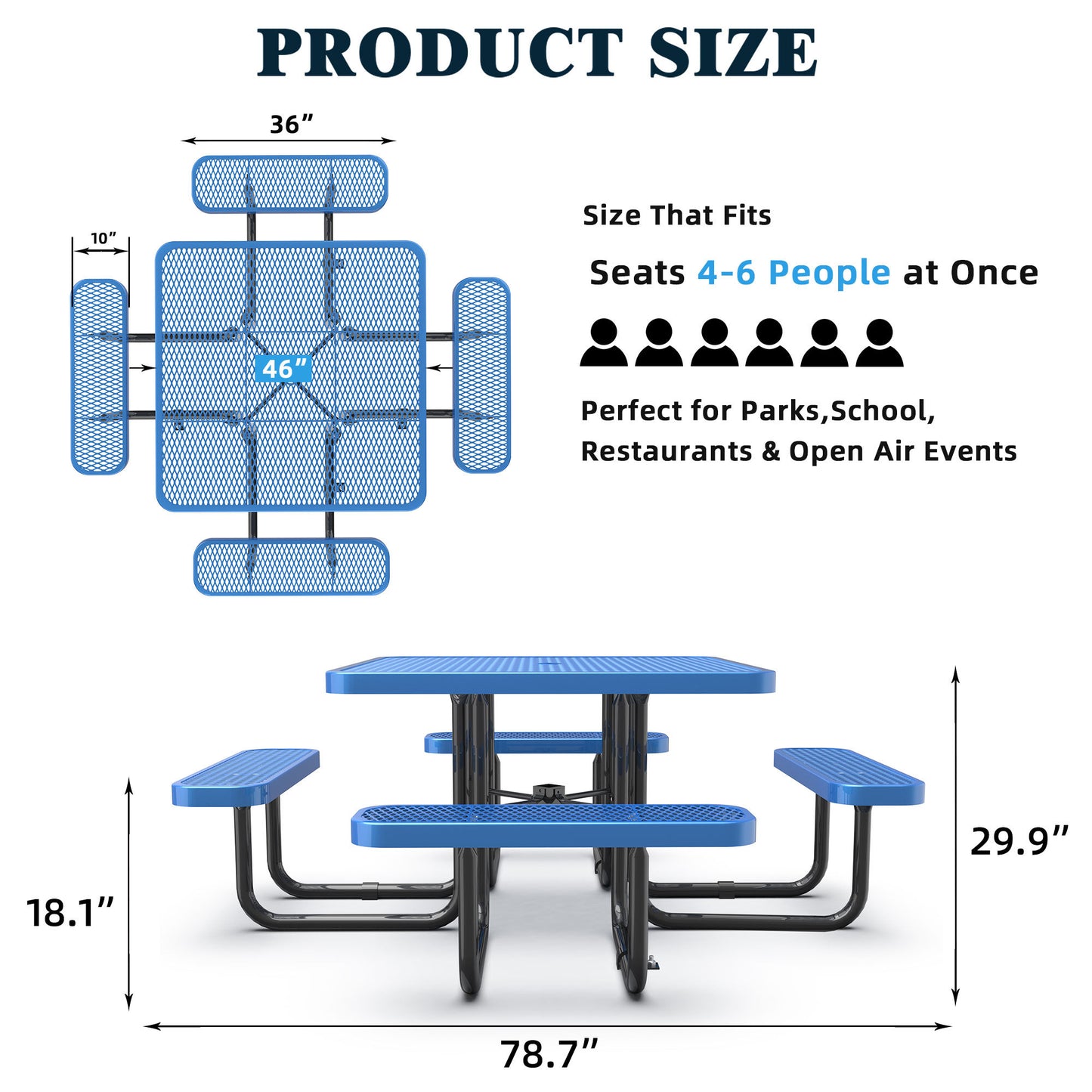 Square Outdoor Steel Picnic Table 46" blue ,with umbrella pole,Blue