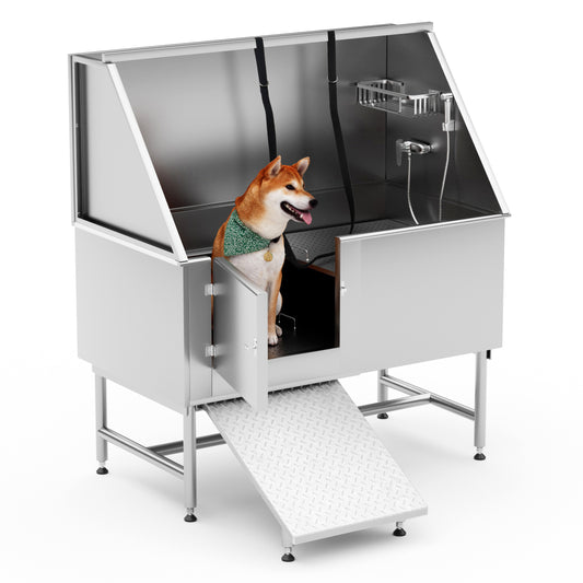 Pet Bathtub - 50 Inch Professional Dog Rinse Station (Left Side Ramp) with Faucet, Leash and Other Accessories, Adjustable Legs, Pet Wash Station for Dogs of All Sizes,50.2"L x 27.6"W x 60.2"H