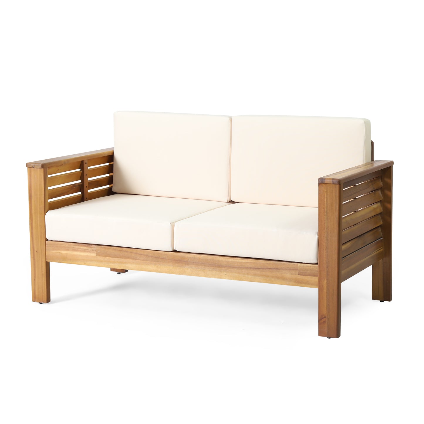 Teak Acacia Wood Loveseat and Coffee Table Set with Cream Cushions