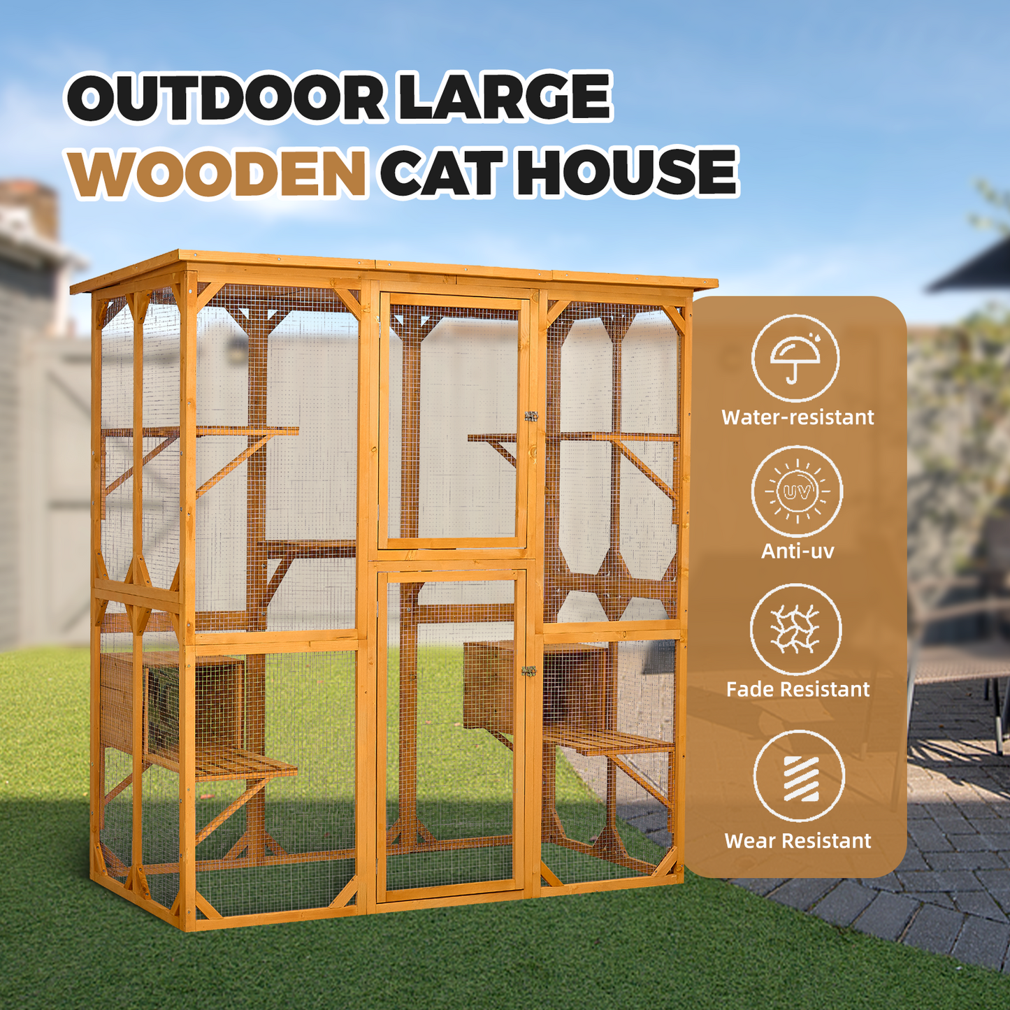 Catio Outdoor Cat Enclosure with Roof 72" Height Cat Wooden House Large Cat Cage with 3 Jumping Platforms and 2 Napping Houses for Cat Activity (Yellow)