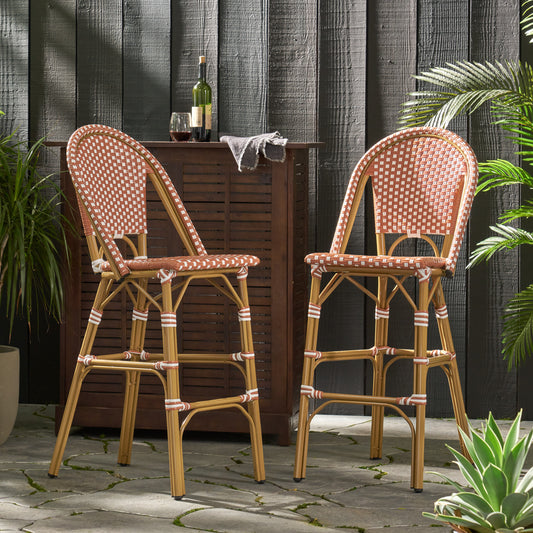 29.5" Outdoor PE Rattan French Barstool, Rust Red and White, Aluminum Frame with Bamboo Finish (Set of 2)