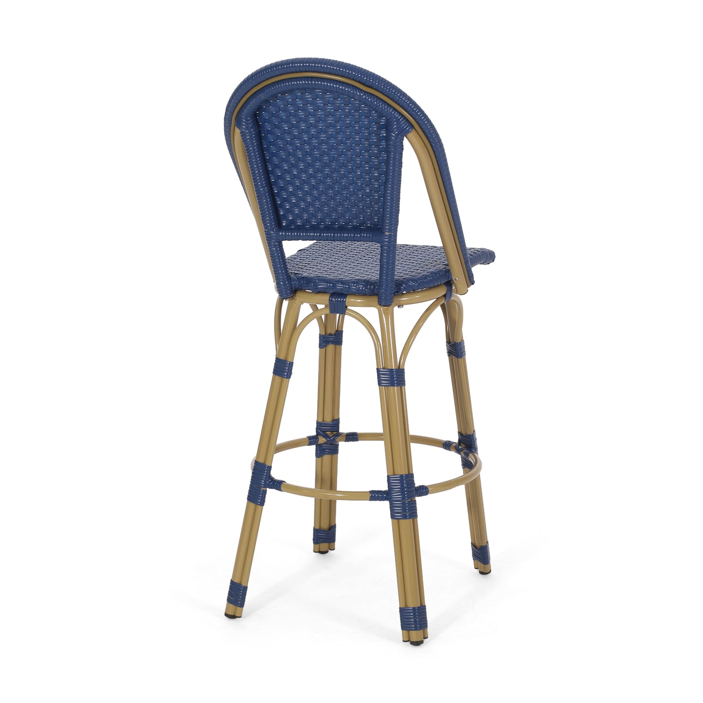 29.5" Outdoor PE Rattan and Aluminum French Barstools, Set of 2, Navy Blue and Bamboo Finish