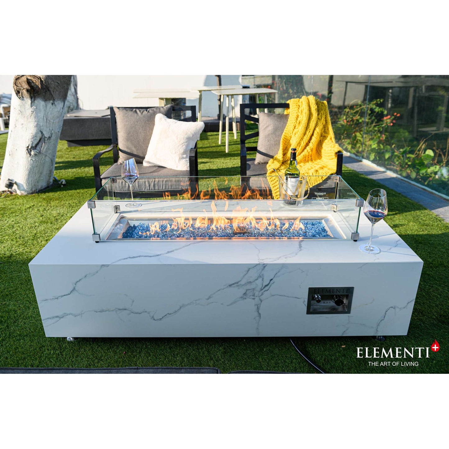 Elementi Plus Carrara Rectangle Marble Porcelain Fire Table