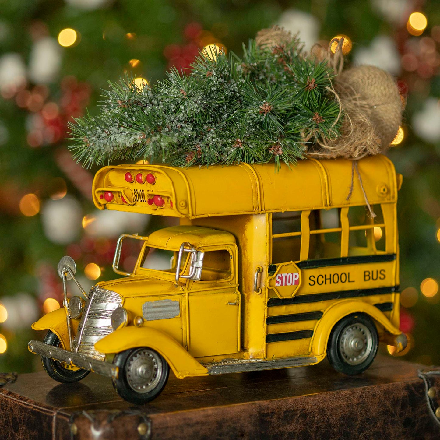 Christmas Vintage Style Small Conversion School Bus with Christmas Tree & LED Lights