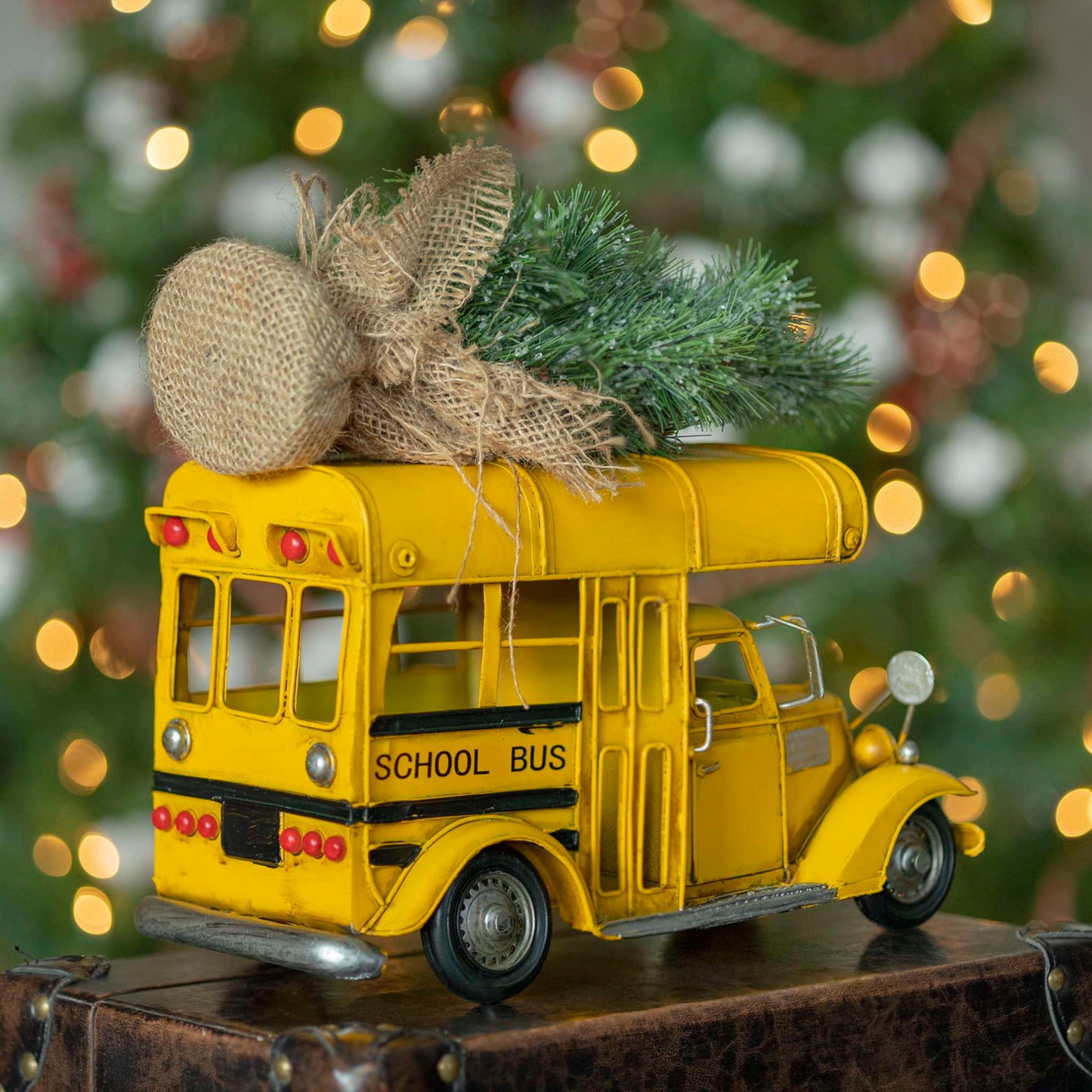 Christmas Vintage Style Small Conversion School Bus with Christmas Tree & LED Lights