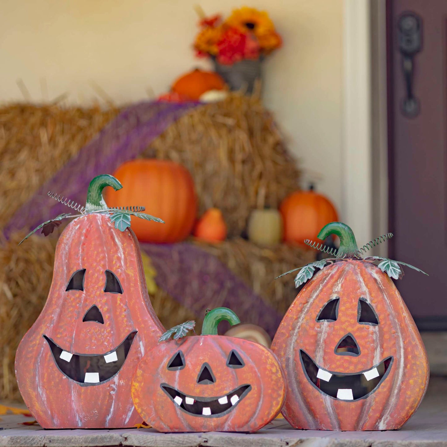 Fall Set of 3 Metal Jack-O-Lantern Decorations