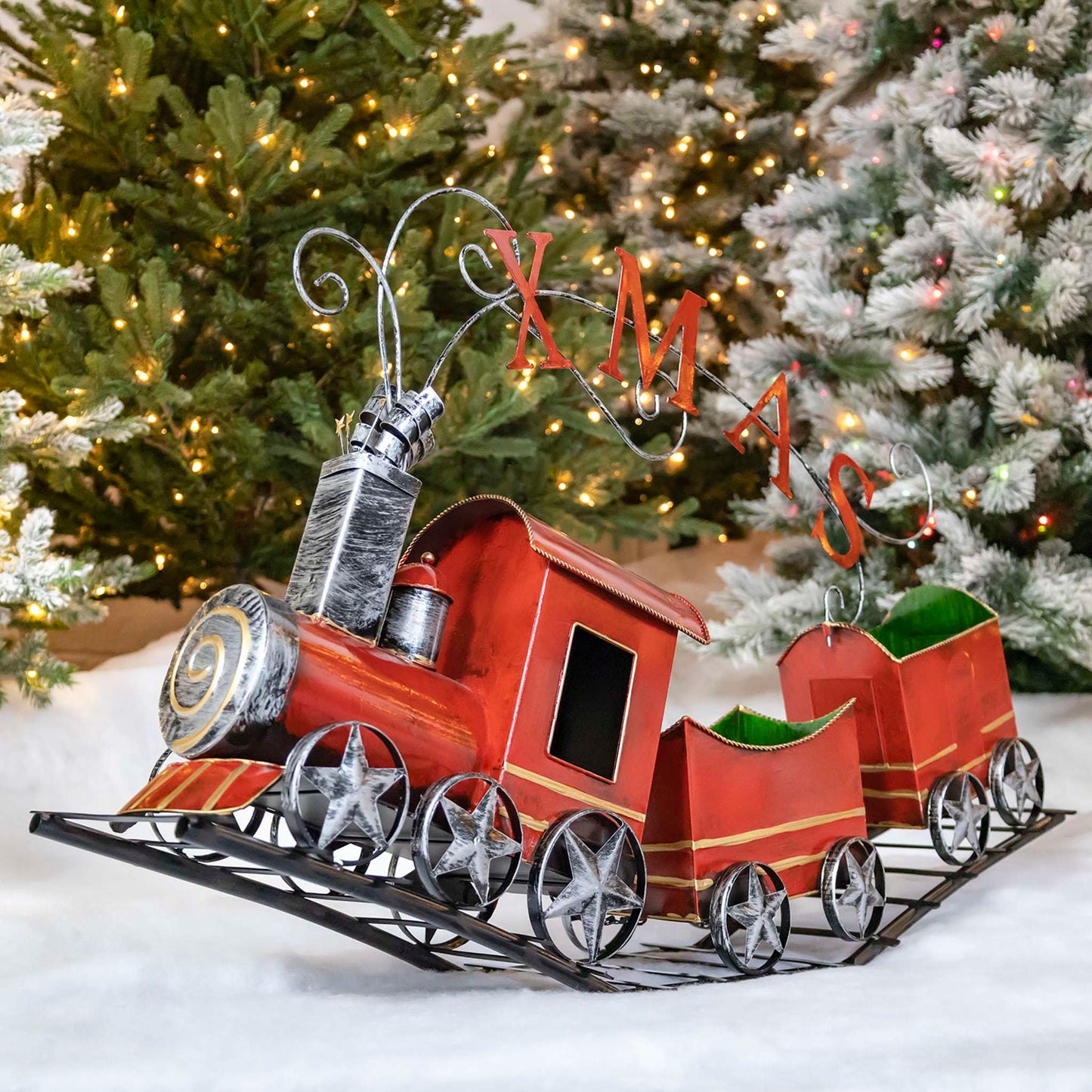 Christmas Metal Christmas Train with 2 Carts on Track "X-M-A-S"