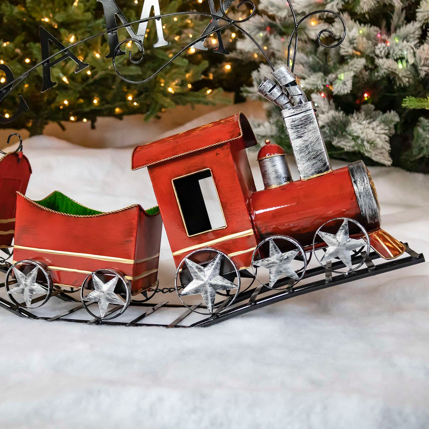 Christmas Metal Christmas Train with 2 Carts on Track "X-M-A-S"