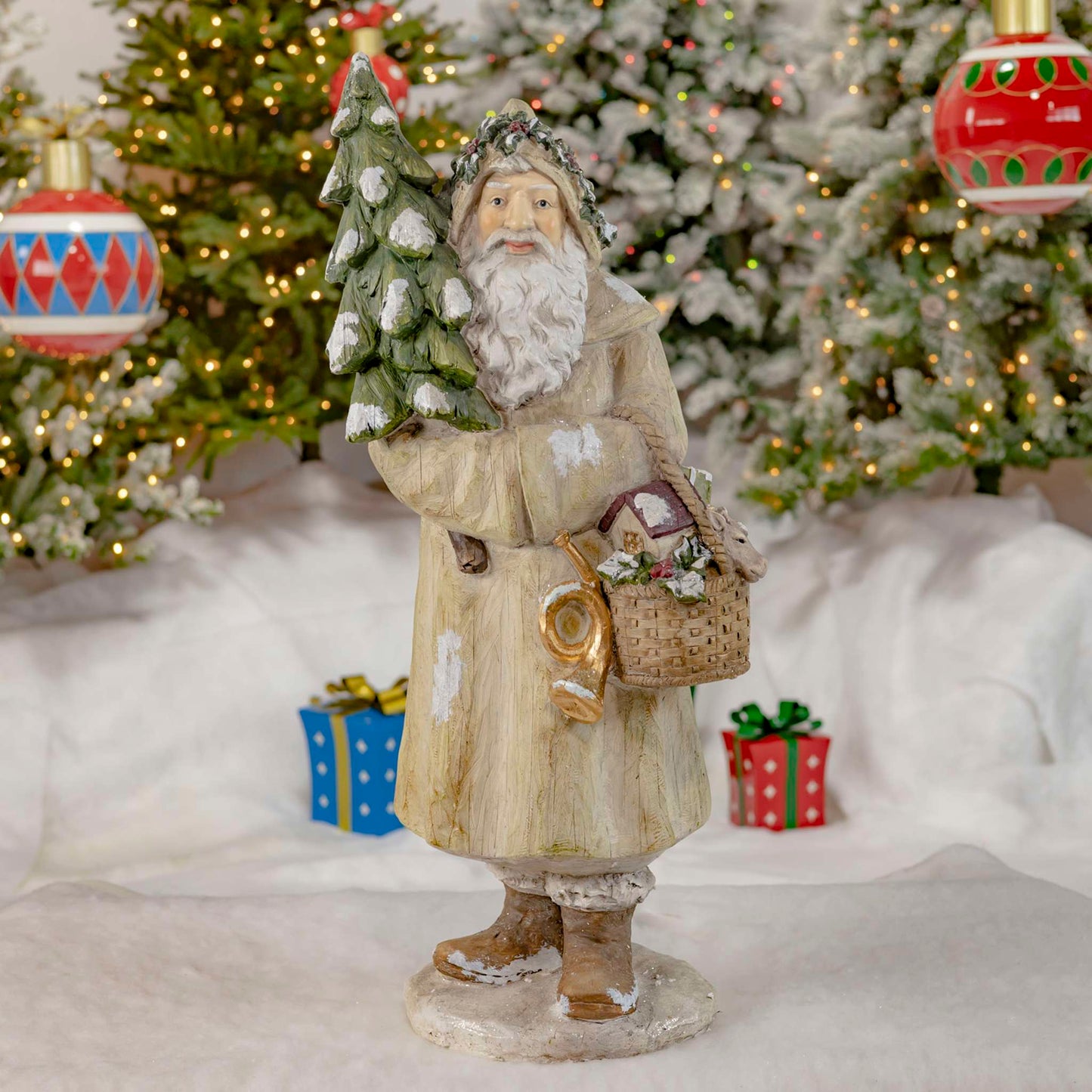 Christmas 37" Tall Olde World Santa Claus Holding Christmas Tree & Basket