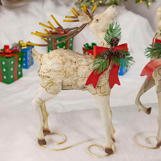 Christmas Set of 2 31.5" Tall Medium Iron Reindeer with Pinecone Bow