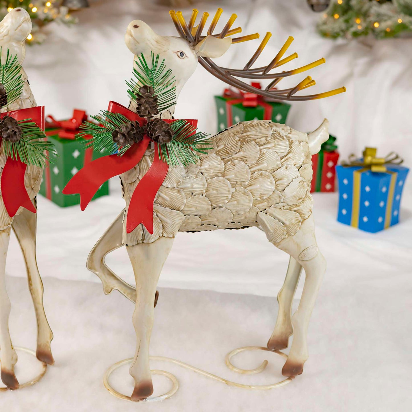 Christmas Set of 2 31.5" Tall Medium Iron Reindeer with Pinecone Bow