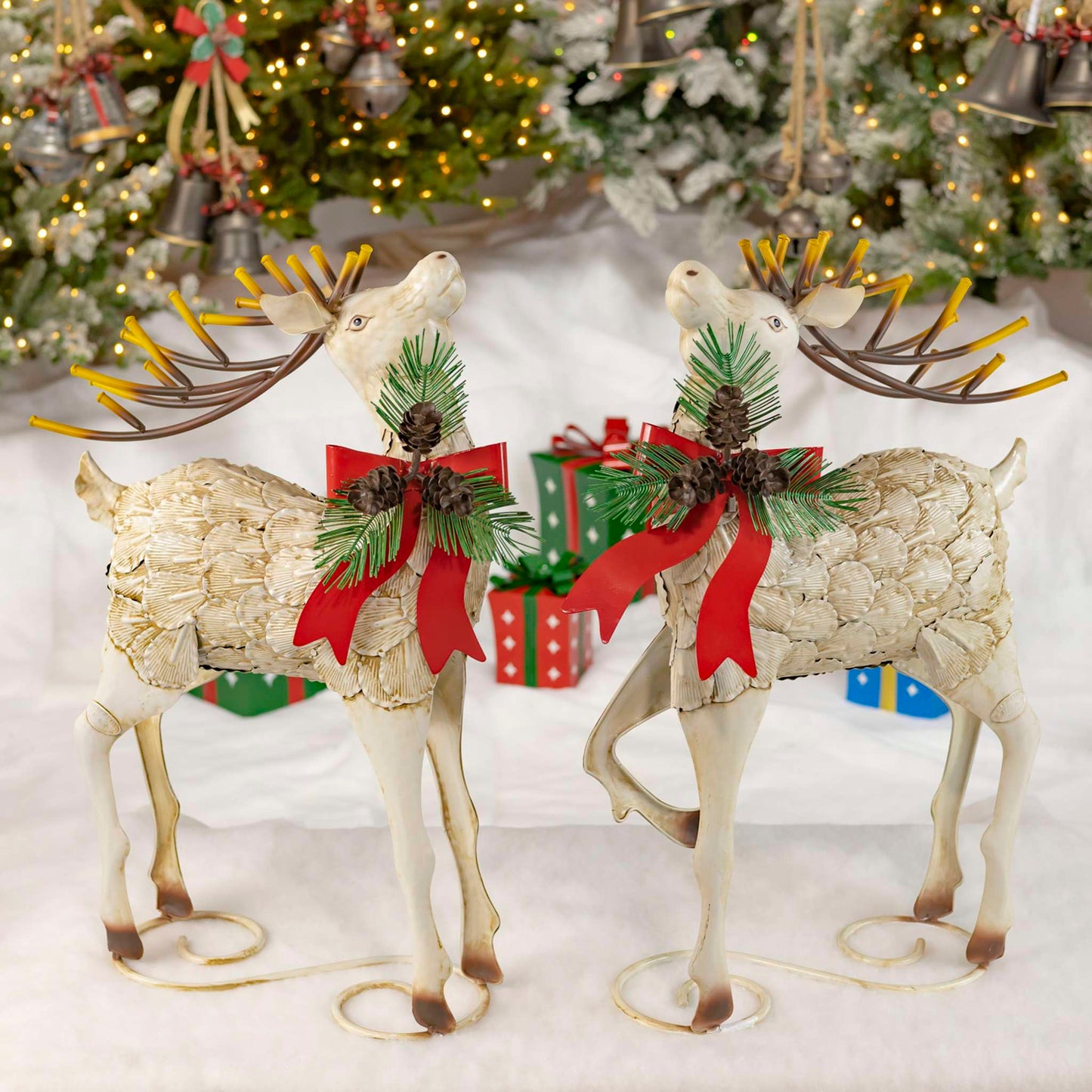 Christmas Set of 2 31.5" Tall Medium Iron Reindeer with Pinecone Bow