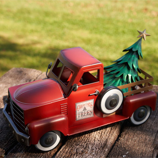 Christmas Small Red Iron Pickup Truck with Christmas Tree