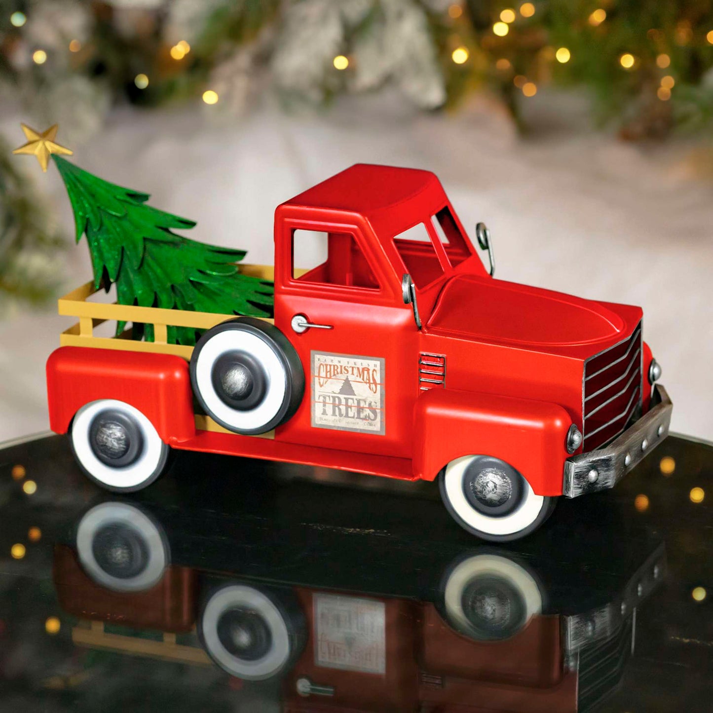 Christmas Small Red Iron Pickup Truck with Christmas Tree