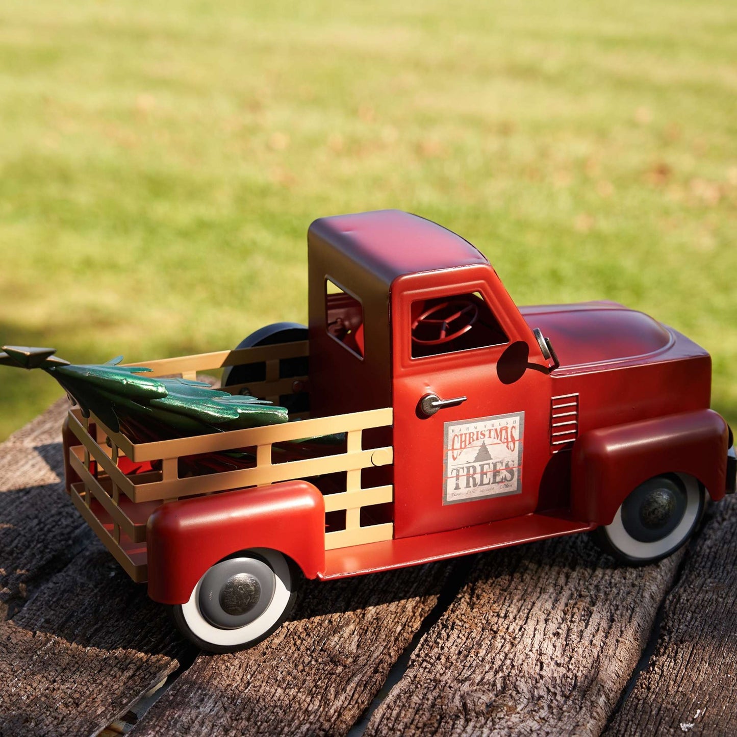 Christmas Small Red Iron Pickup Truck with Christmas Tree