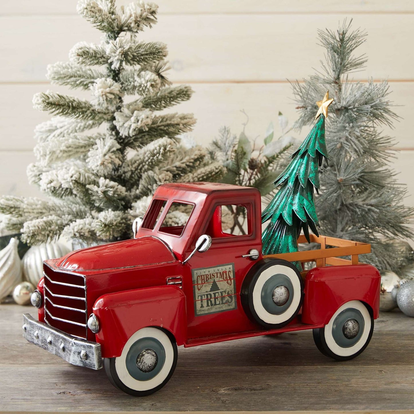 Christmas Small Red Iron Pickup Truck with Christmas Tree