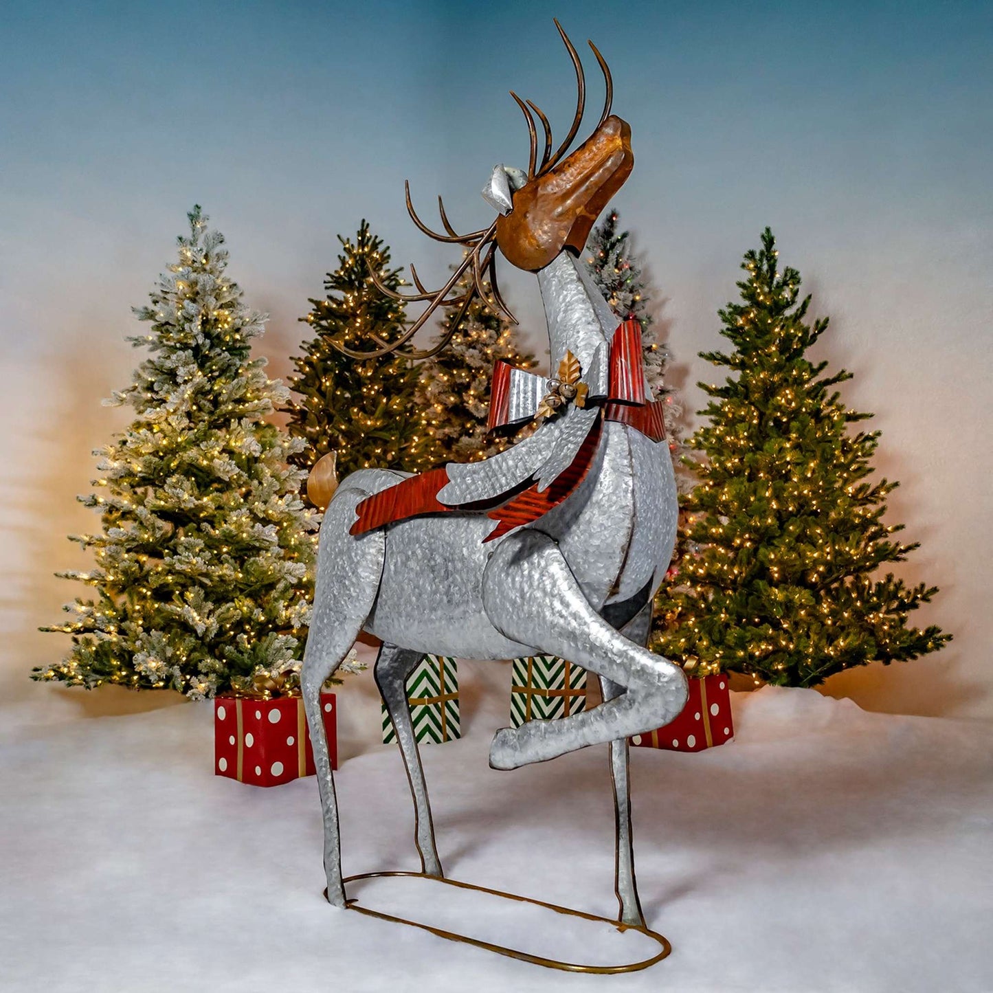 Christmas Set of 3 Large Galvanized Reindeer with Bows and Bells