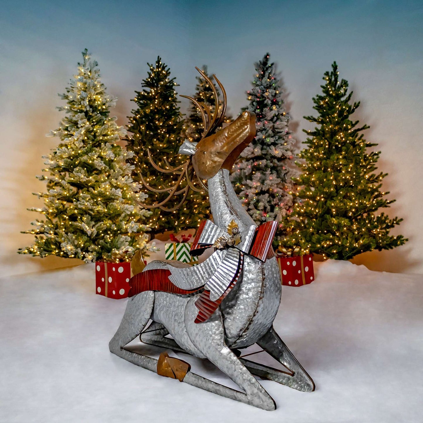 Christmas Set of 3 Large Galvanized Reindeer with Bows and Bells