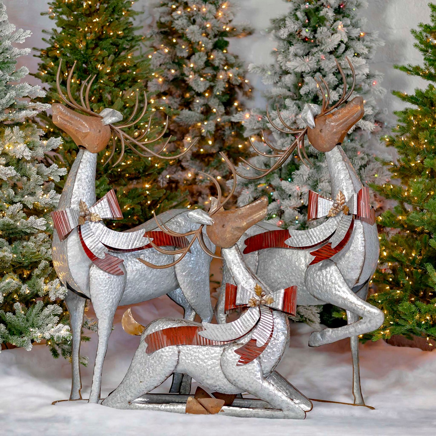 Christmas Set of 3 Large Galvanized Reindeer with Bows and Bells