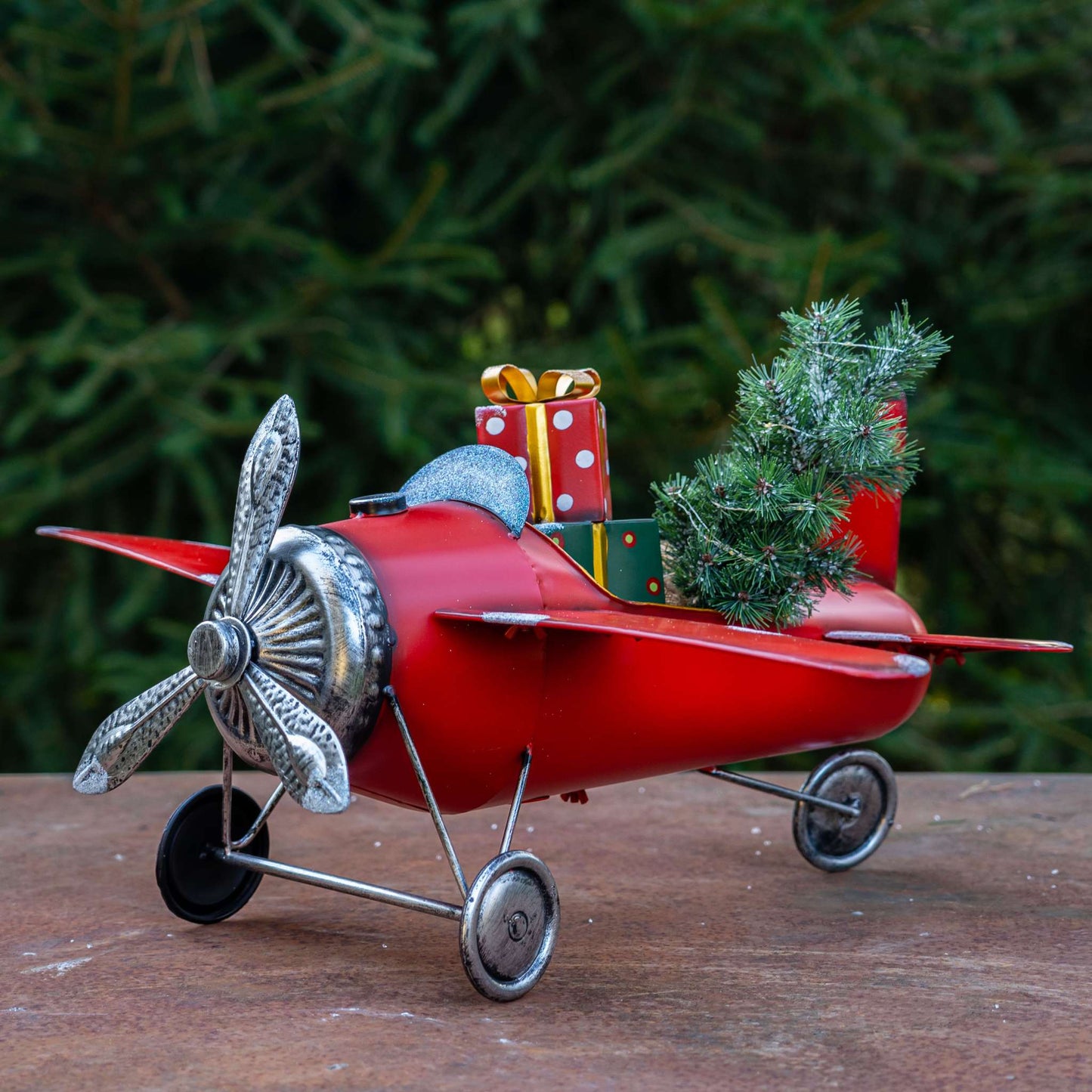 Christmas Small Red Airplane with Lighted Christmas Tree and Gifts