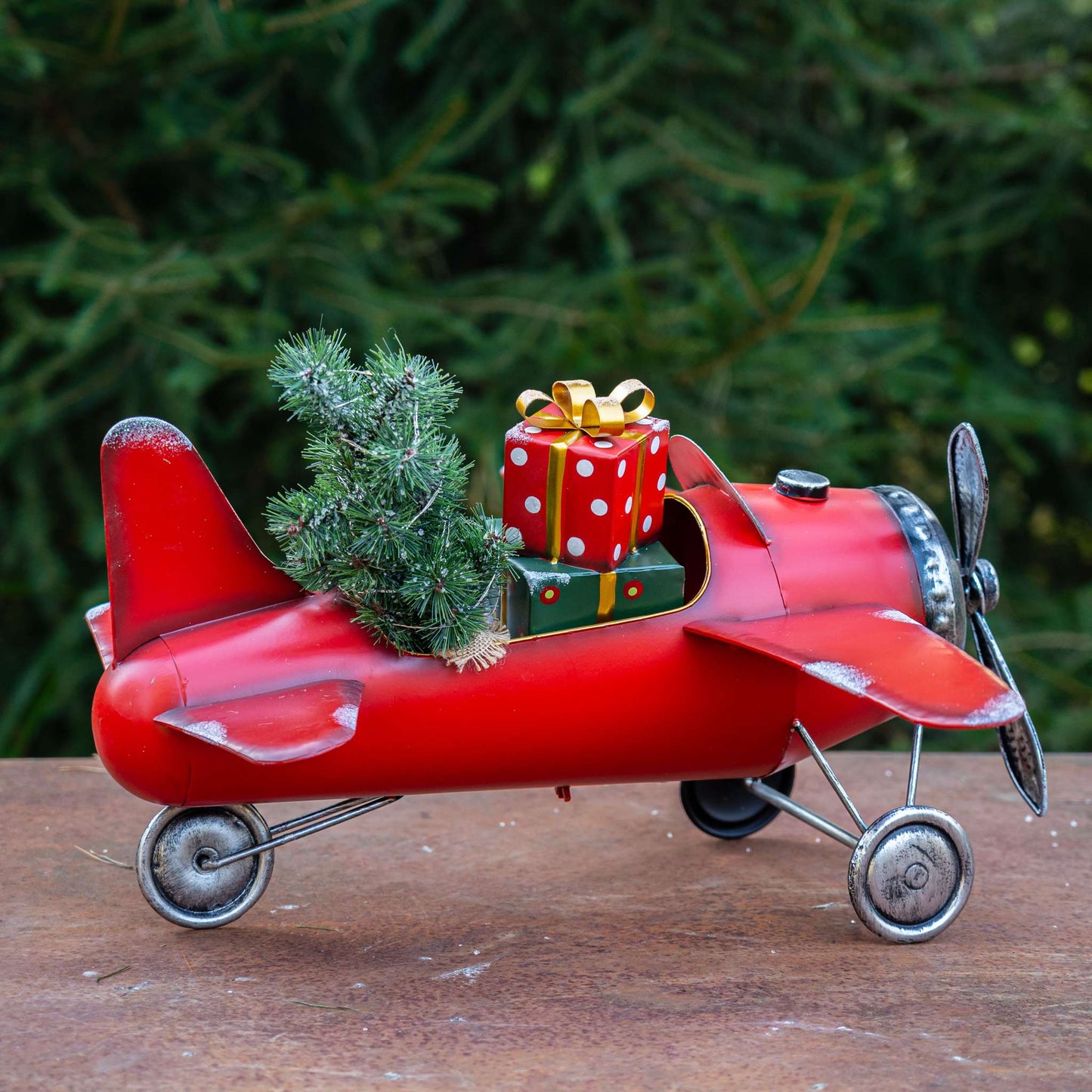 Christmas Small Red Airplane with Lighted Christmas Tree and Gifts