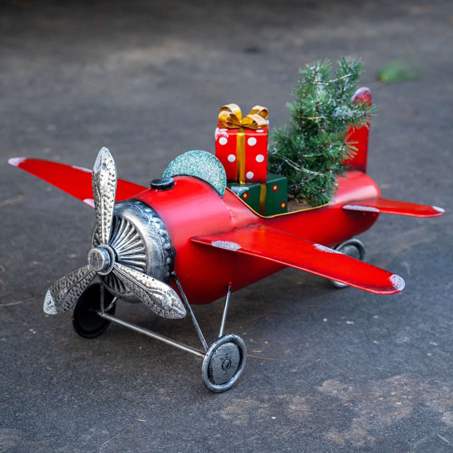 Christmas Small Red Airplane with Lighted Christmas Tree and Gifts