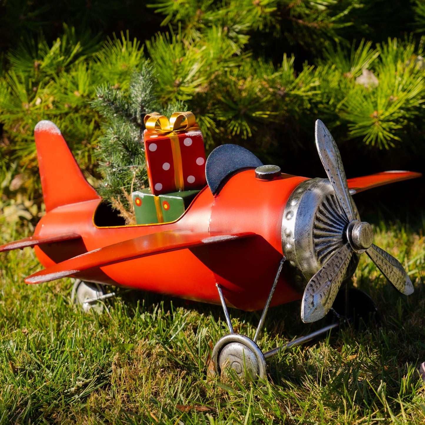 Christmas Small Red Airplane with Lighted Christmas Tree and Gifts