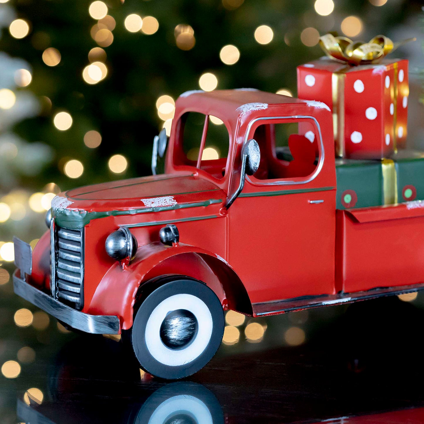 Christmas Snow Covered Pickup Truck with Lighted Christmas Tree and Gifts