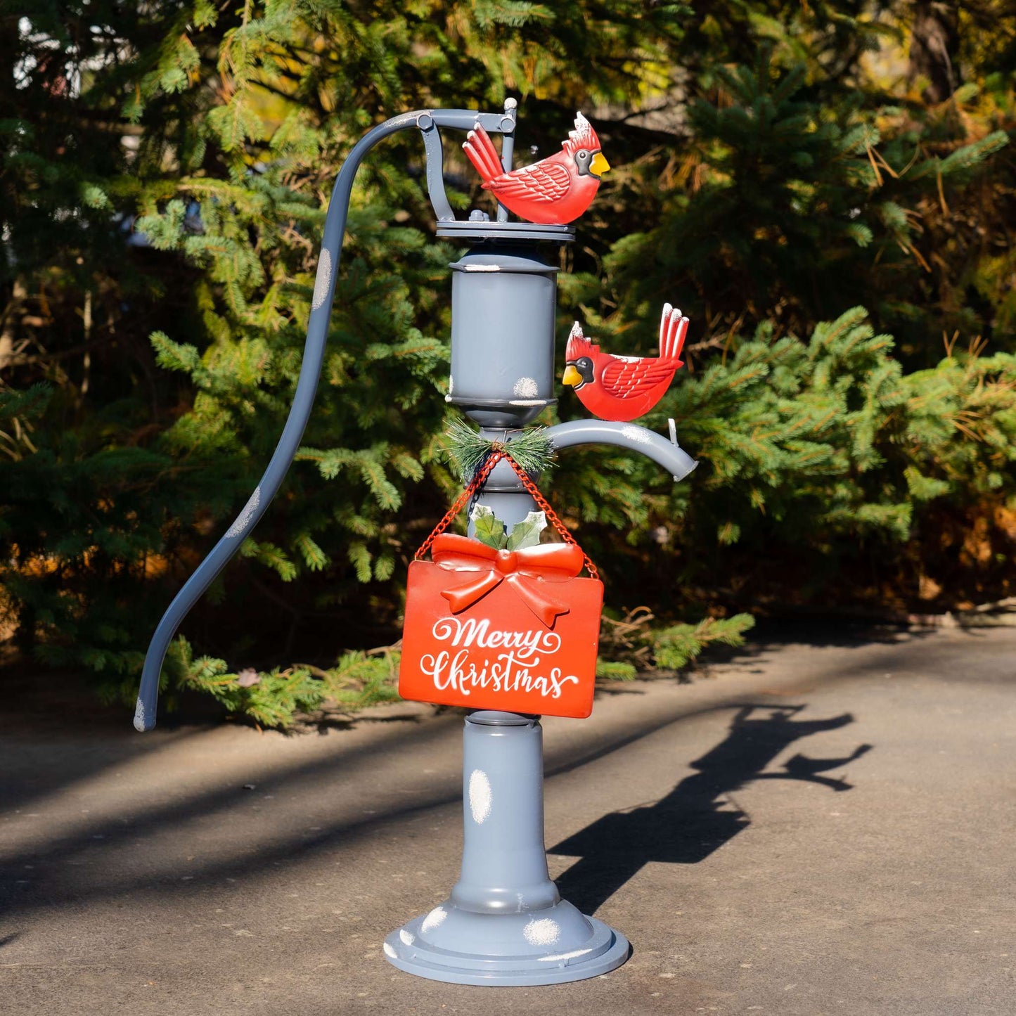 Christmas Old Style Blue Iron Water Pump with "Merry Christmas" Sign and Cardinals