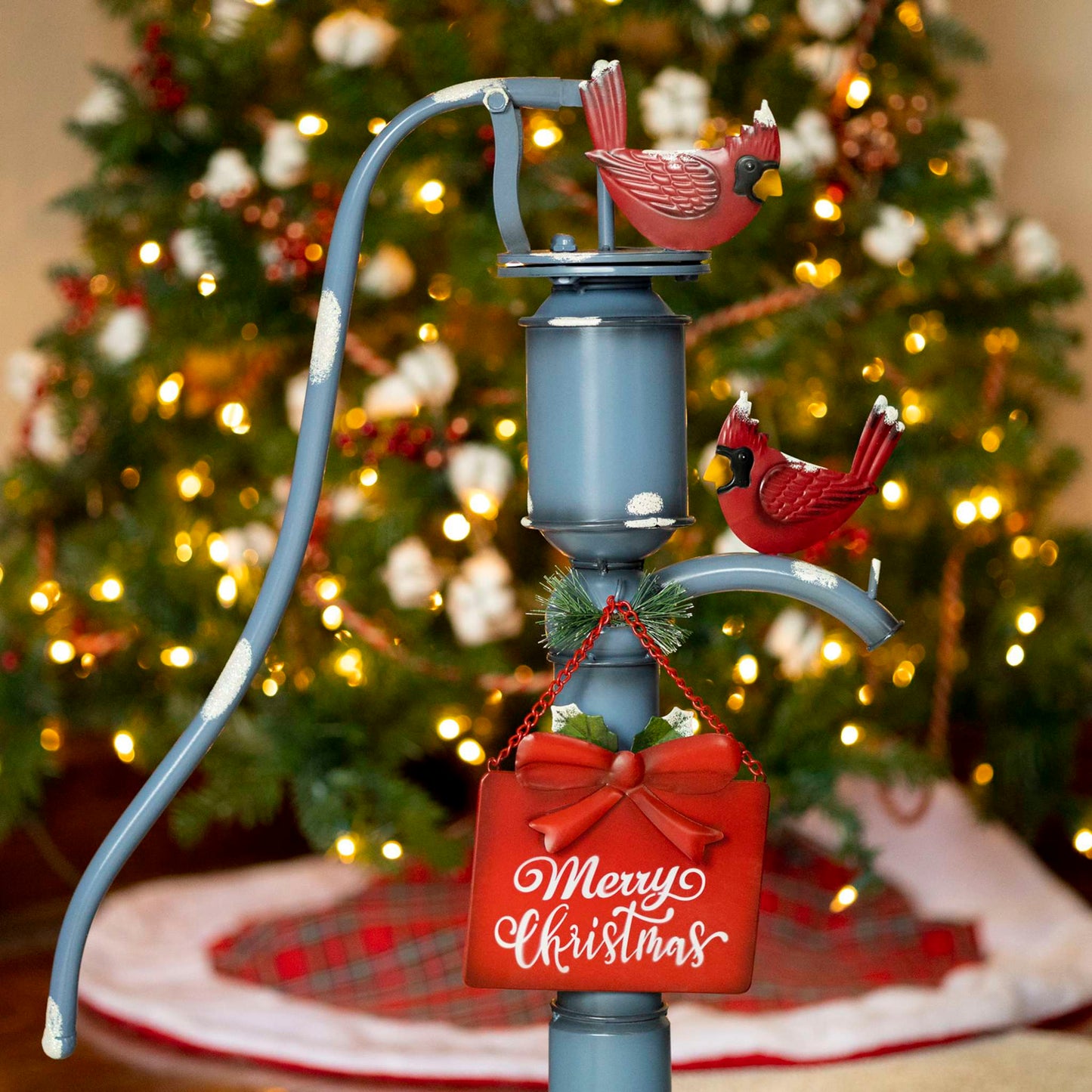 Christmas Old Style Blue Iron Water Pump with "Merry Christmas" Sign and Cardinals