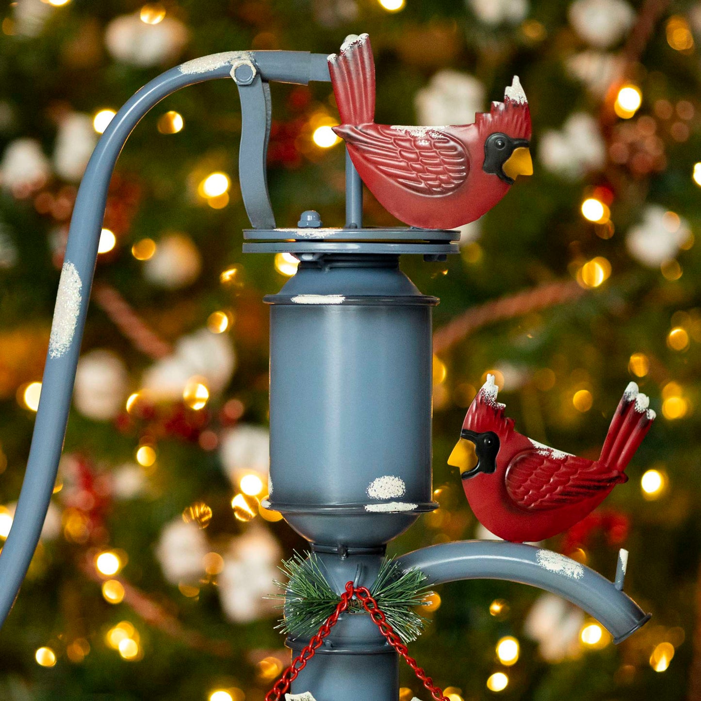 Christmas Old Style Blue Iron Water Pump with "Merry Christmas" Sign and Cardinals