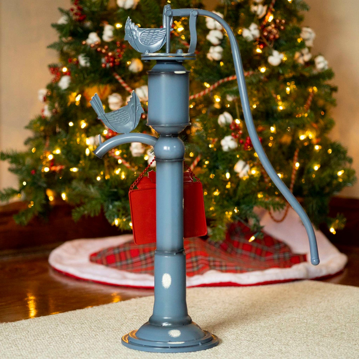 Christmas Old Style Blue Iron Water Pump with "Merry Christmas" Sign and Cardinals