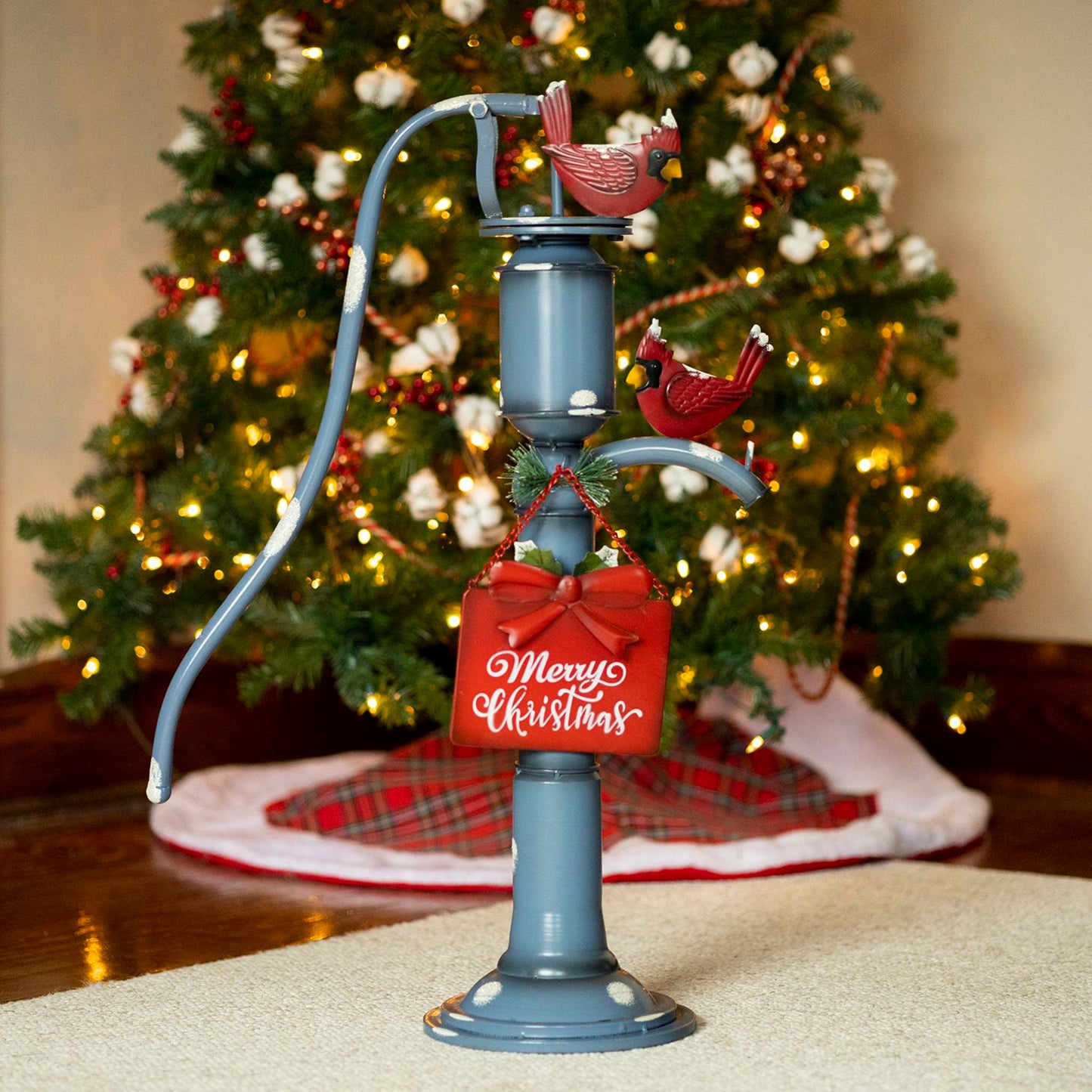 Christmas Old Style Blue Iron Water Pump with "Merry Christmas" Sign and Cardinals