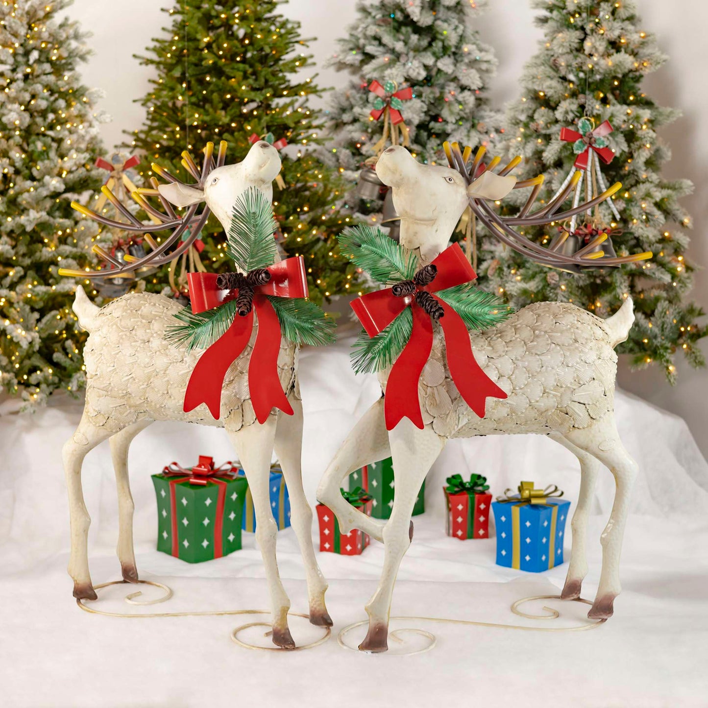 Christmas Set of 2 48" Tall Large Iron Reindeer with Pinecone Bows