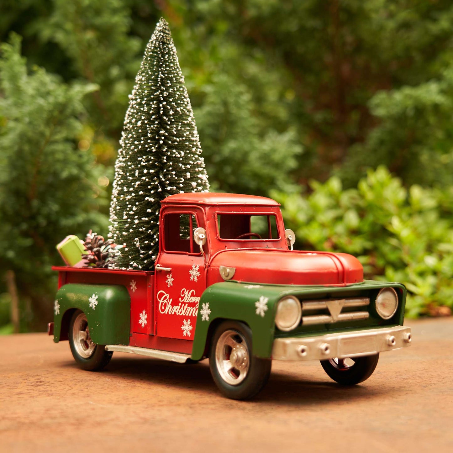 Christmas Red & Green Iron Christmas Truck with Snowflakes & Tree