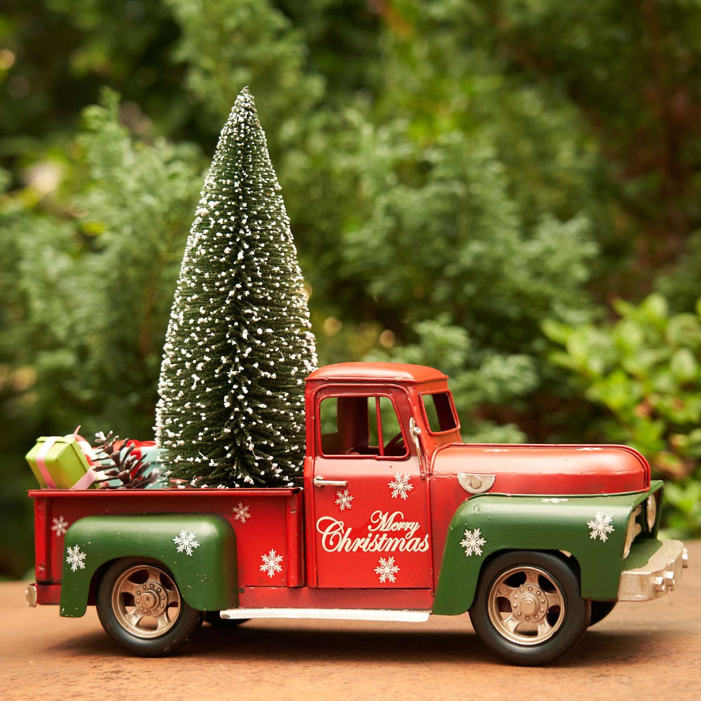 Christmas Red & Green Iron Christmas Truck with Snowflakes & Tree