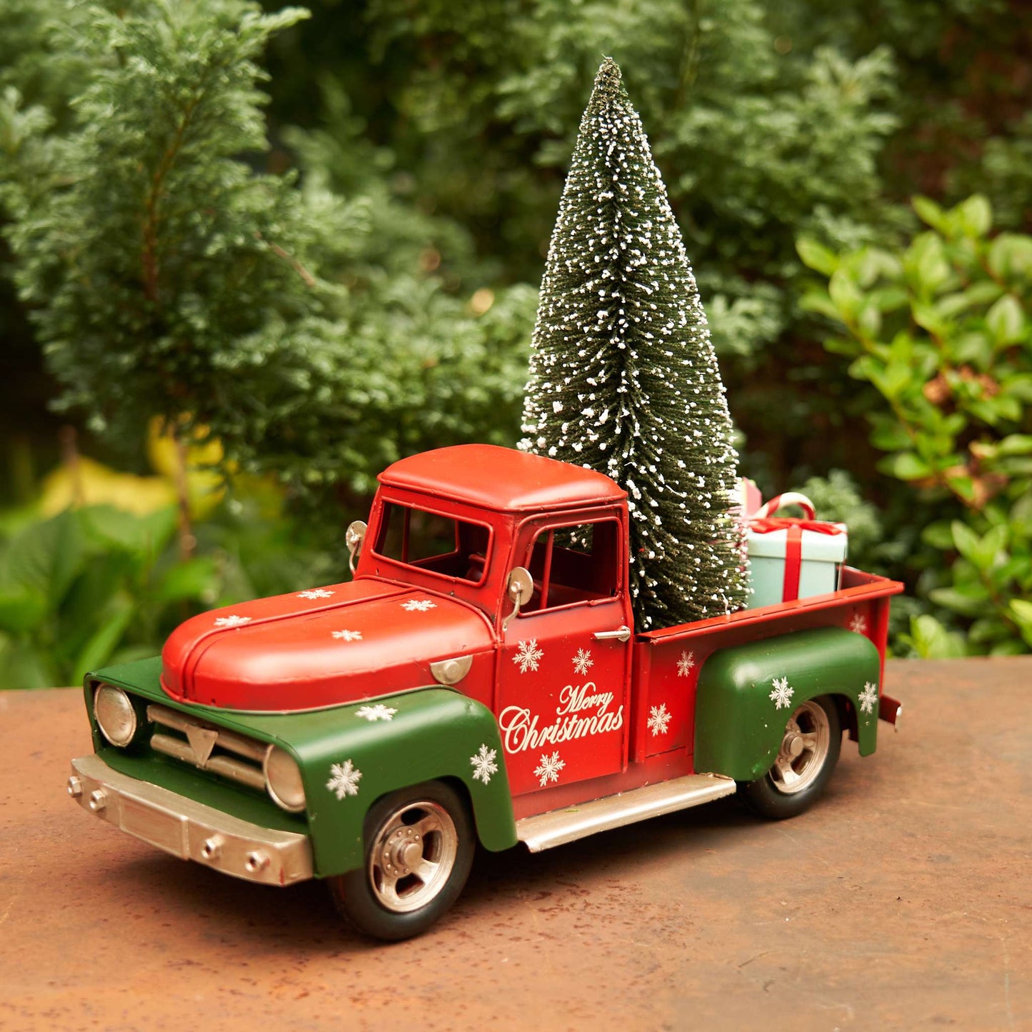 Christmas Red & Green Iron Christmas Truck with Snowflakes & Tree