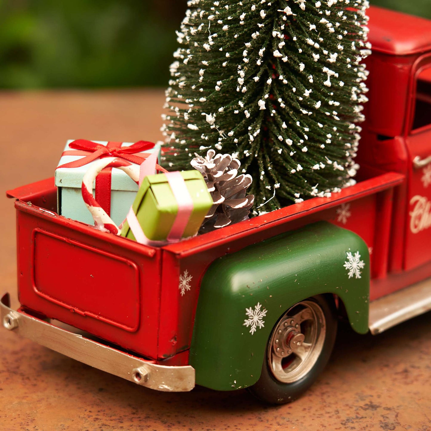 Christmas Red & Green Iron Christmas Truck with Snowflakes & Tree