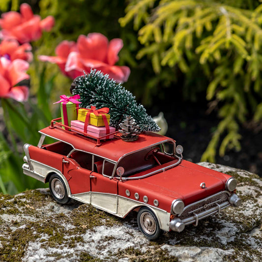 Christmas 1940's Vintage Style Wagon with Christmas Tree and Gifts in Red