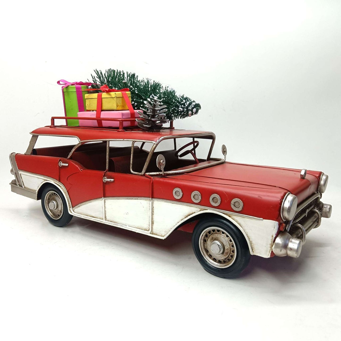 Christmas 1940's Vintage Style Wagon with Christmas Tree and Gifts in Red