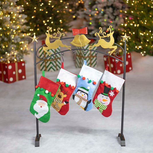 Christmas 42" Tall Iron Christmas Stocking Holder Stand with Gold Bells and Reindeer