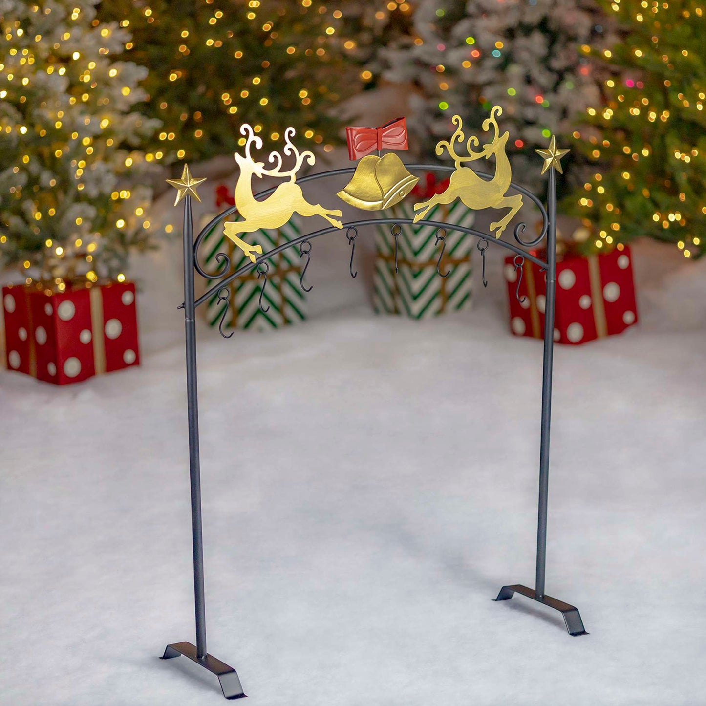 Christmas 42" Tall Iron Christmas Stocking Holder Stand with Gold Bells and Reindeer