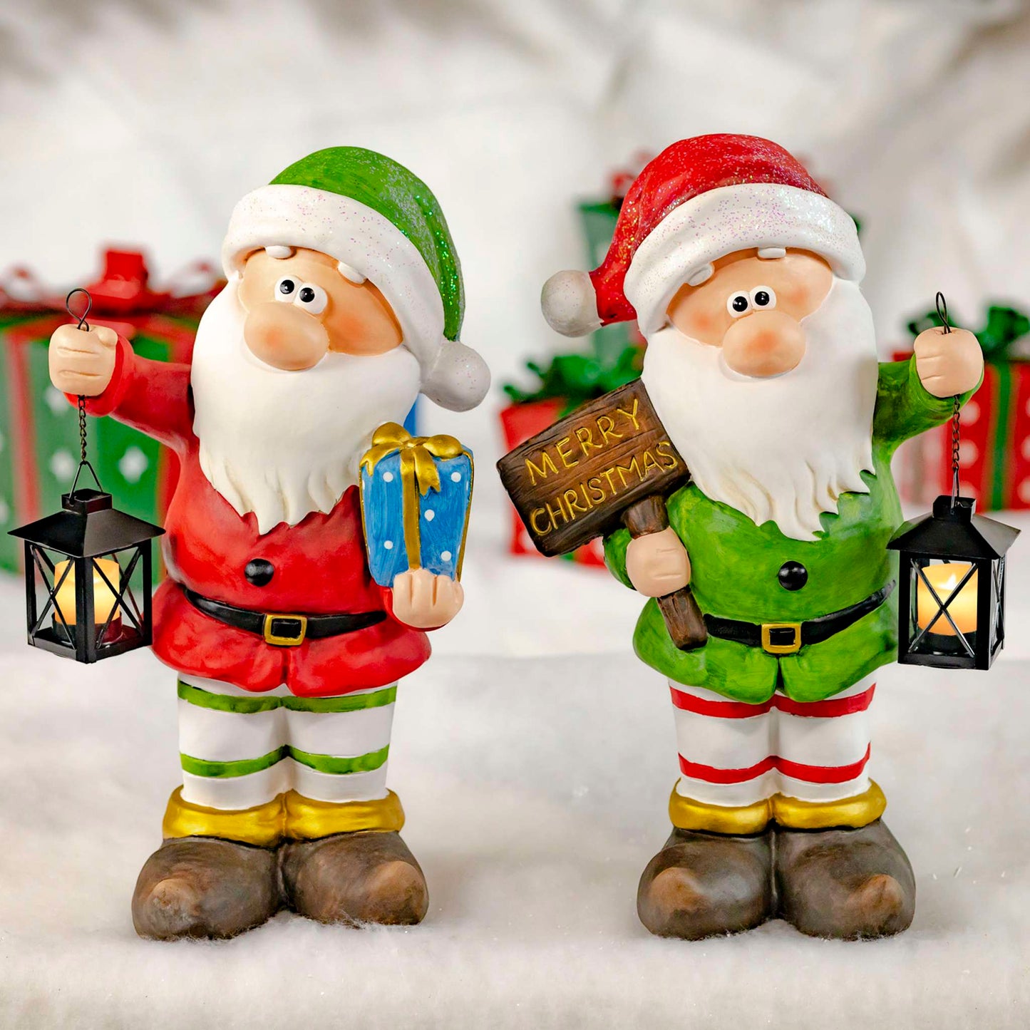 Christmas Set of 2 Christmas Gnomes Holding Iron Lanterns