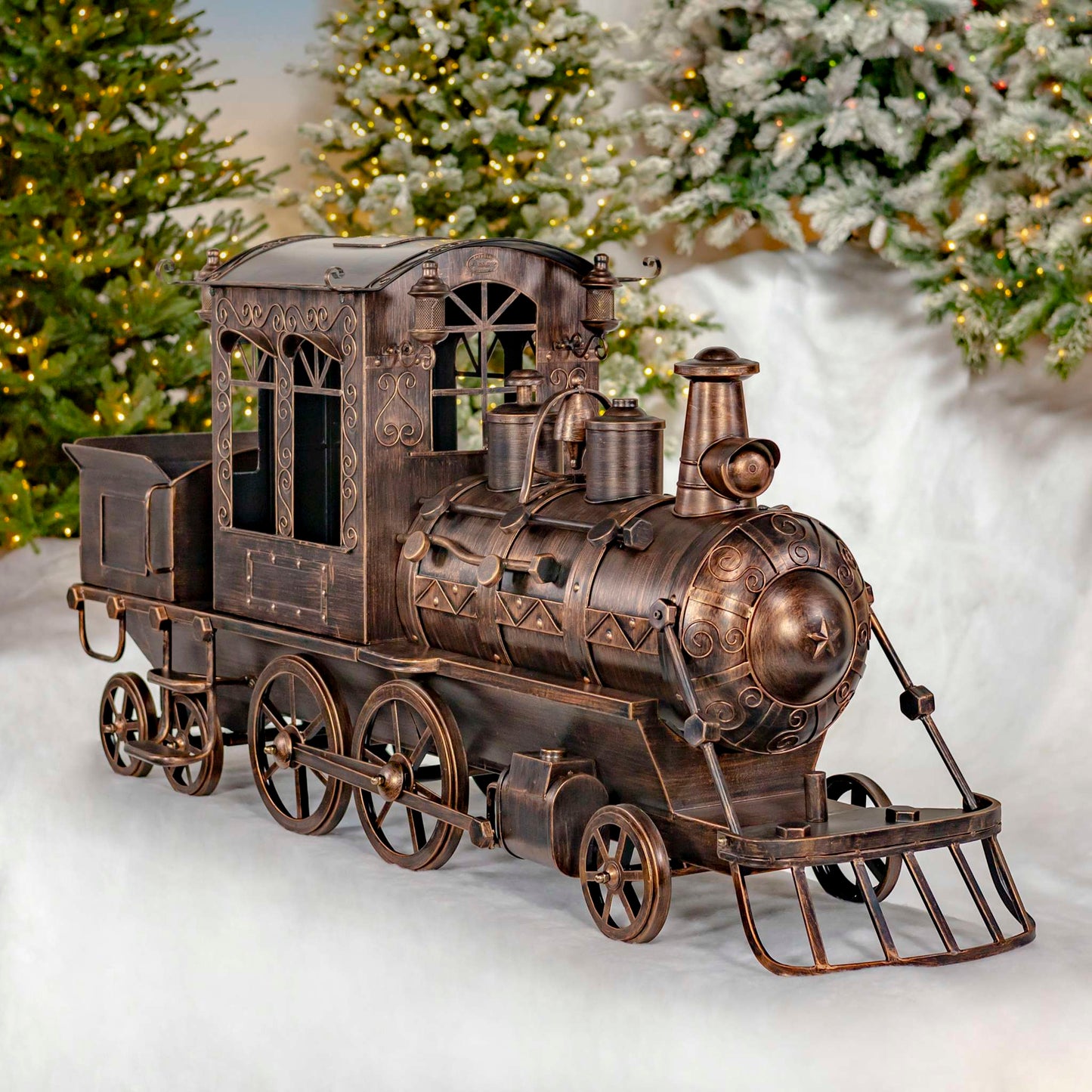 Christmas 5.85 ft. Long Medium Antique Bronze Iron Train with Cart & Lanterns "Blessed Bullet"